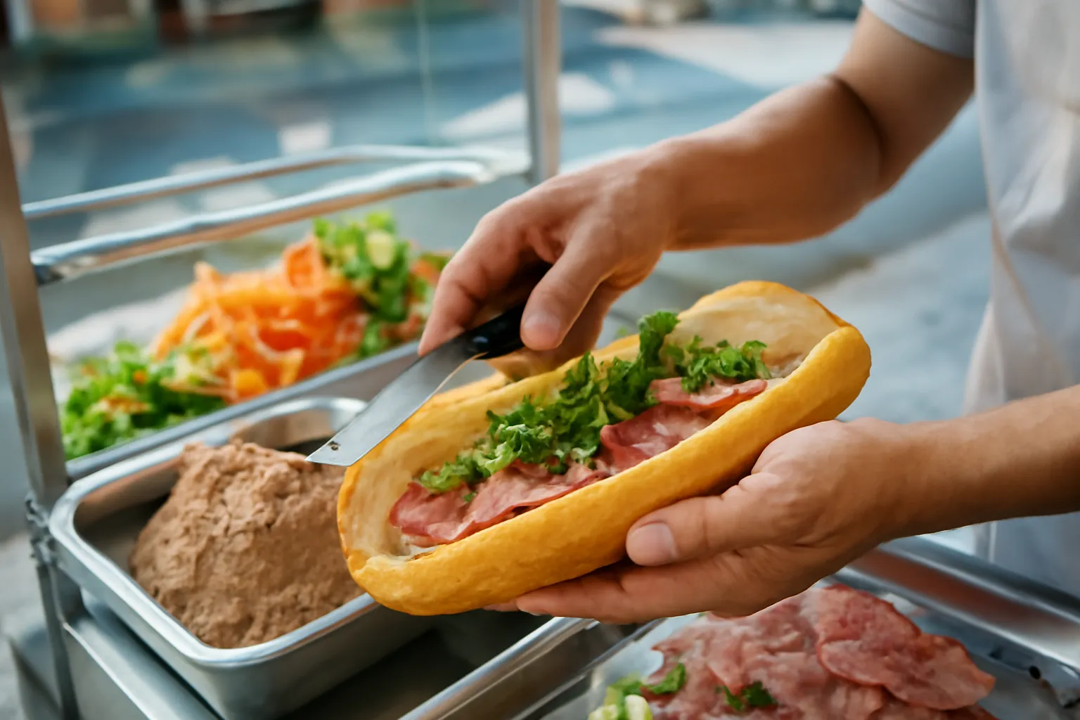 Đôi tay kẹp ổ bánh mì nóng giòn ở xe bánh mì vỉa hè buổi sáng