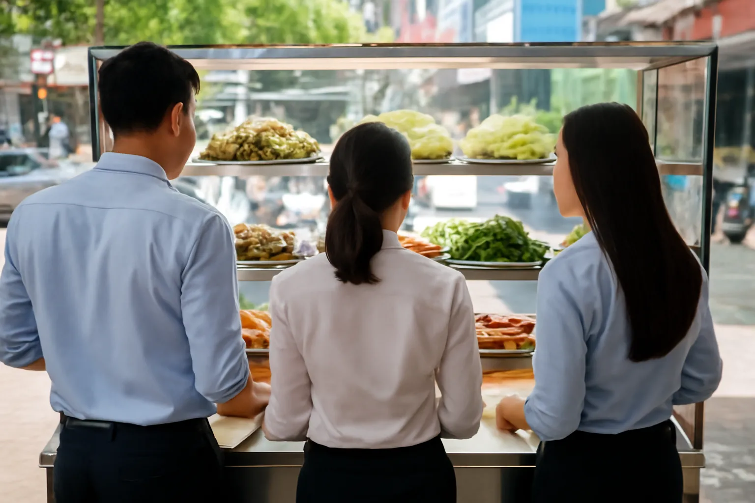 Nhân viên văn phòng đứng chọn món ở tủ kính cơm phần trên vỉa hè buổi trưa