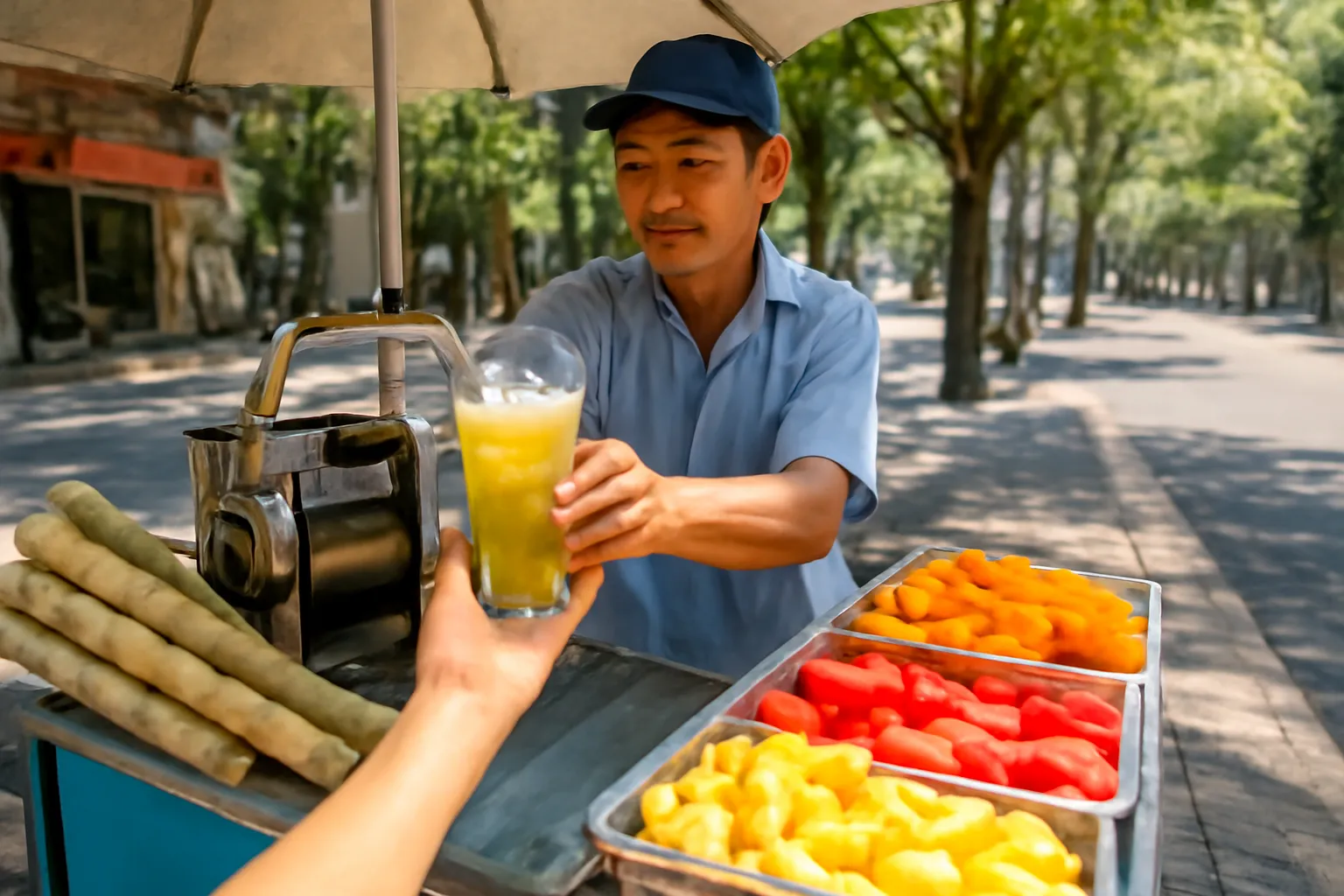 Xe ép nước mía bên vỉa hè, bàn tay đưa ly nước mía có đá, trái cây cắt sẵn