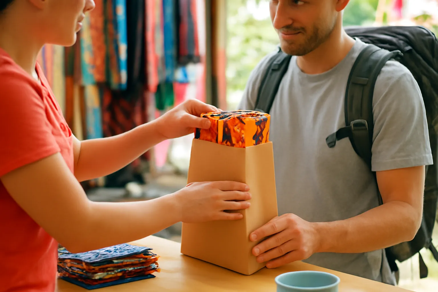 Tay người bán gói khăn lụa vào túi giấy trao cho du khách