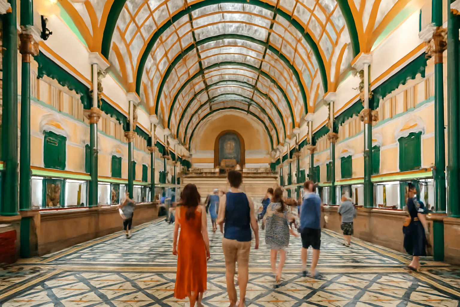 Sảnh lớn bưu điện thời Pháp với mái vòm khung thép và sàn gạch hoa