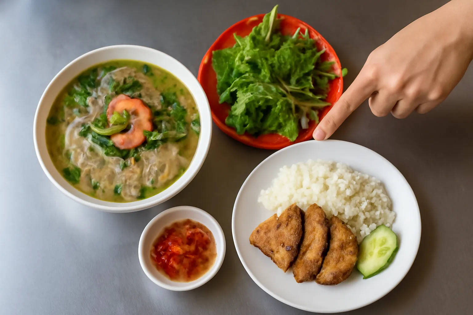 Bàn ăn nhìn từ trên xuống có tô hủ tiếu, dĩa cơm tấm, rổ rau và bàn tay chỉ món