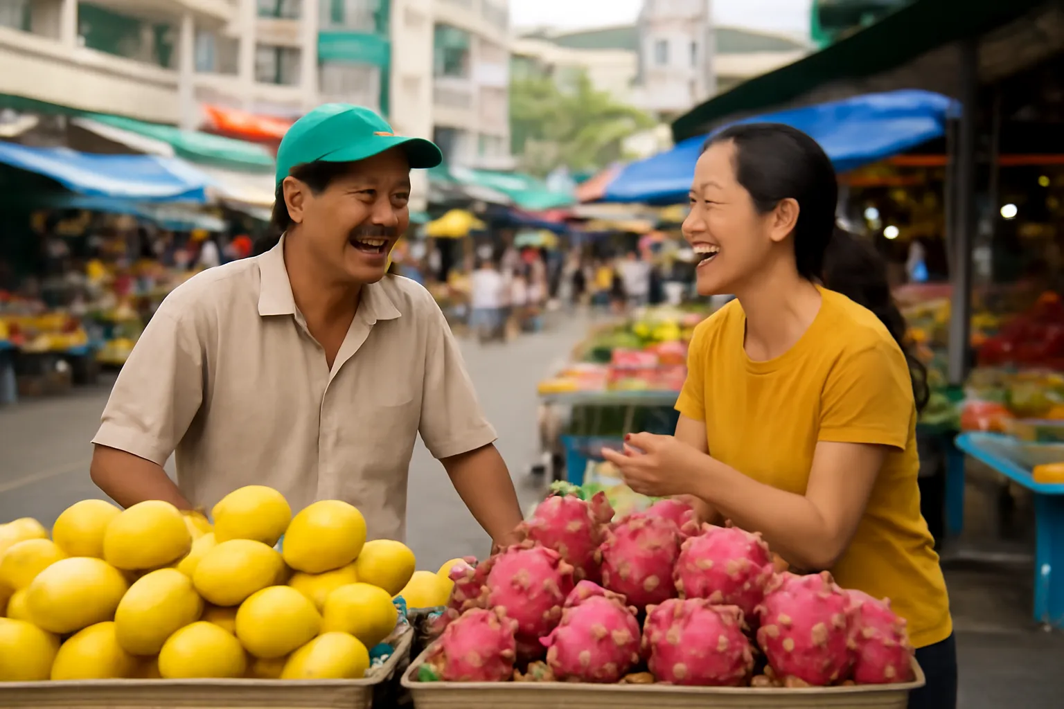 Người bán và khách trò chuyện vui vẻ bên sạp trái cây nhìn từ xa