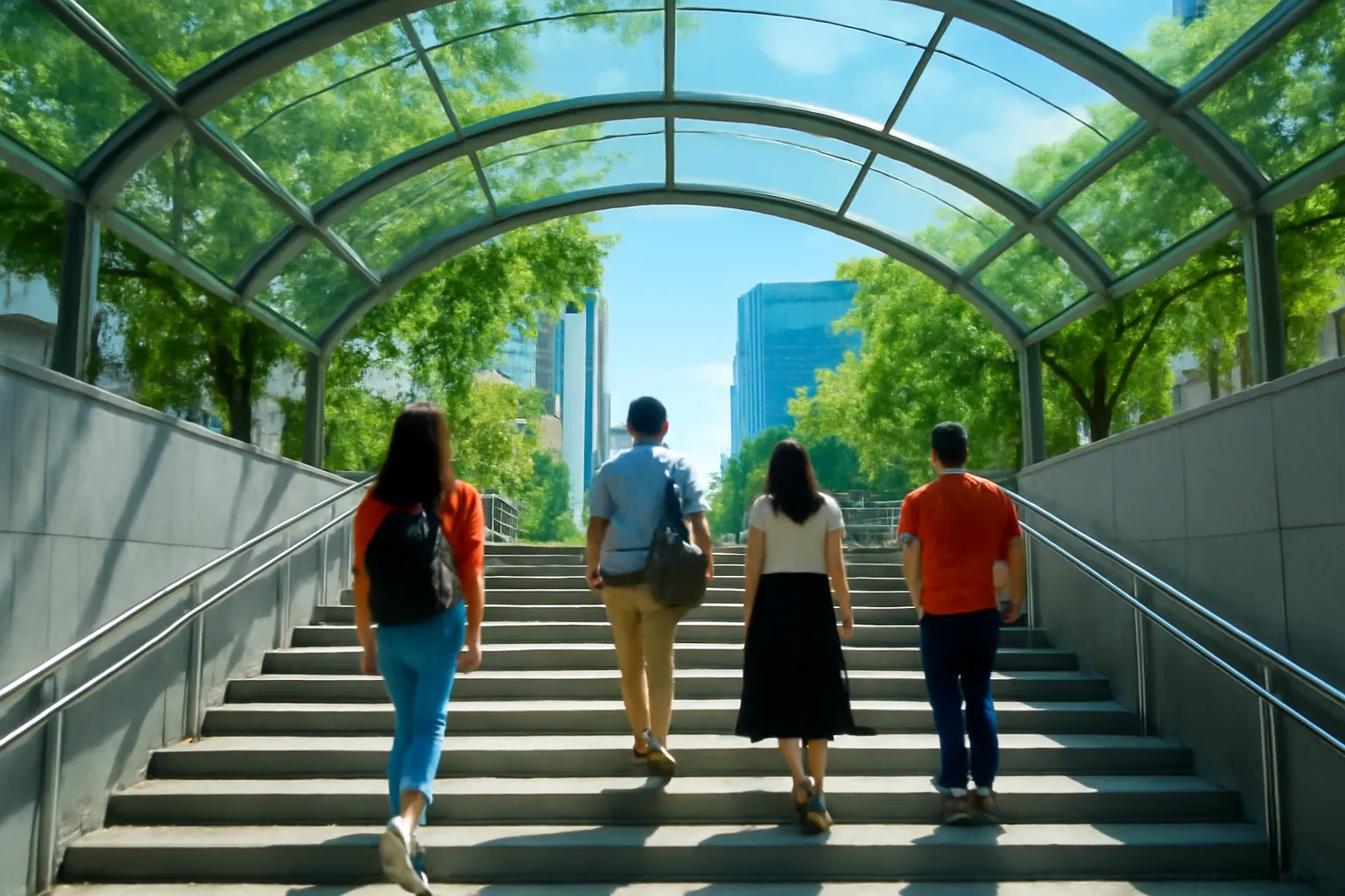 Dòng người đi lên bậc thang từ ga metro ngầm ra vùng nắng