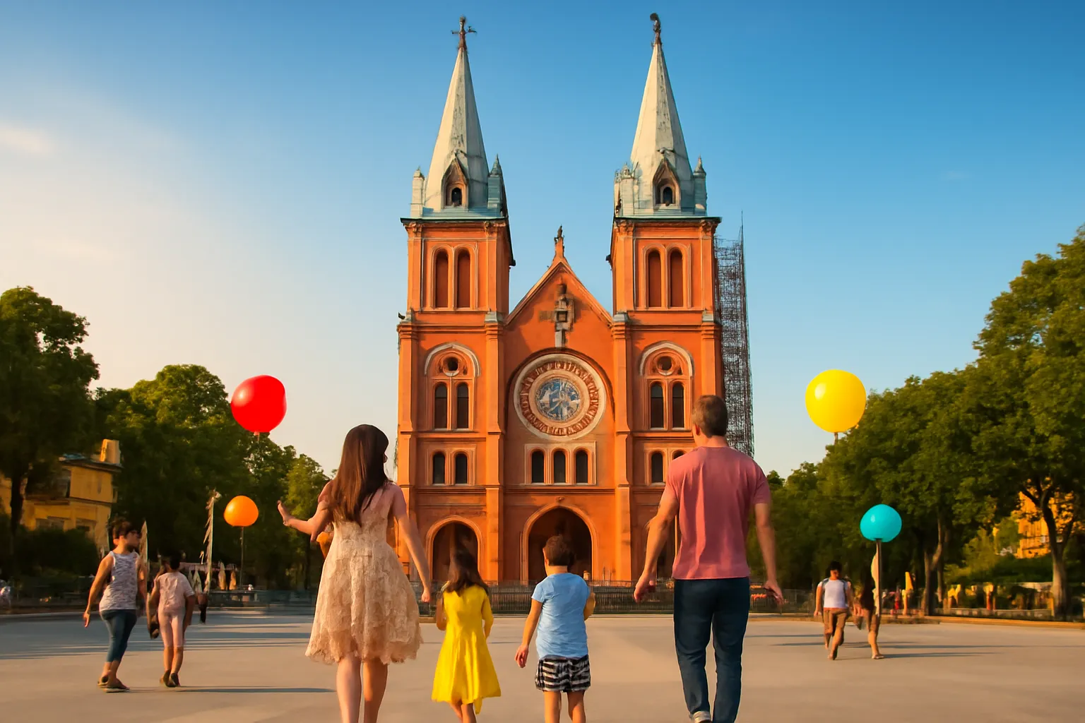 Quảng trường trước nhà thờ gạch đỏ hai tháp chuông với dòng người cầm bóng bay