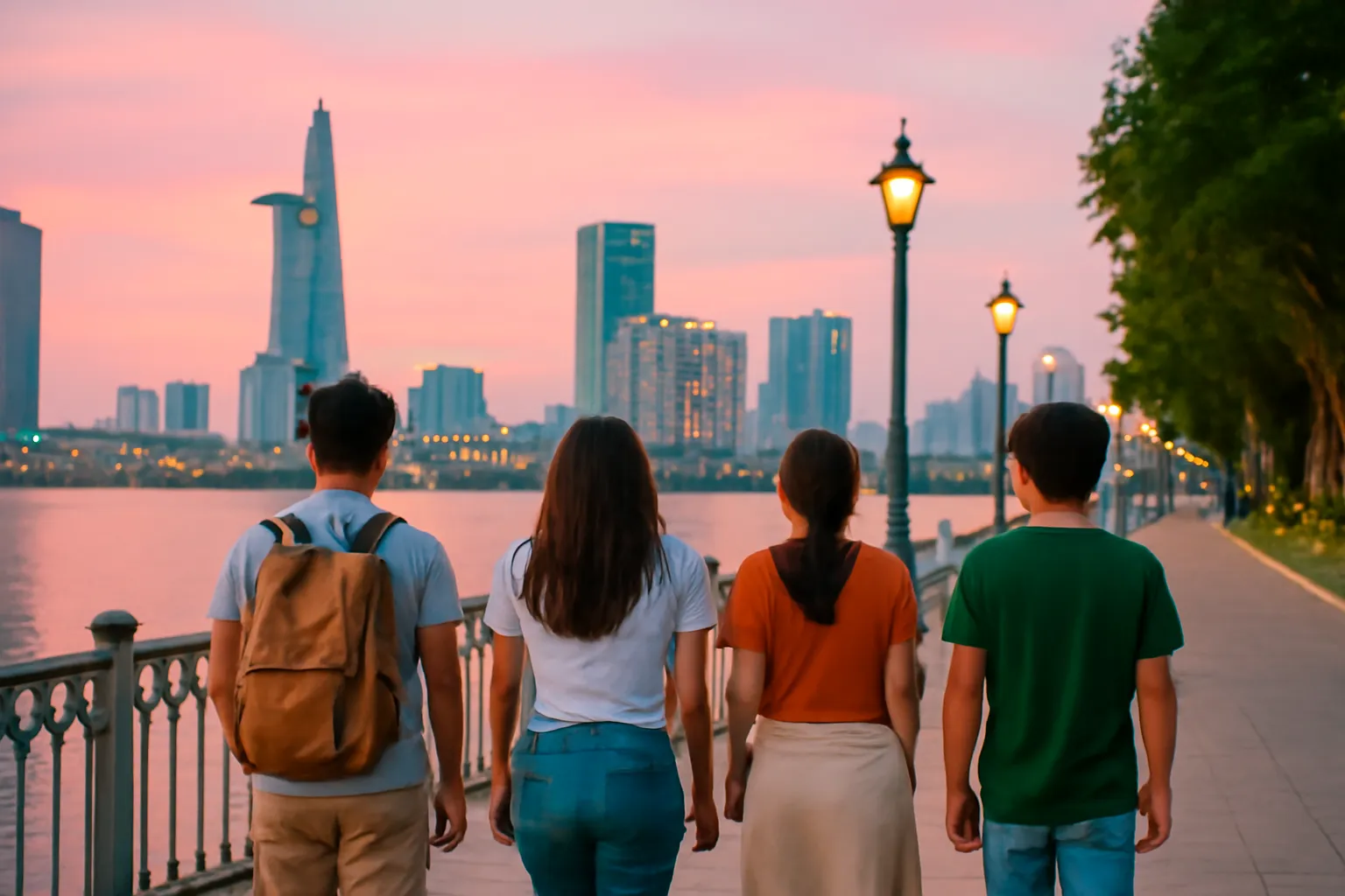Nhóm bạn đi dọc bờ sông Sài Gòn lúc chạng vạng, đèn vừa lên