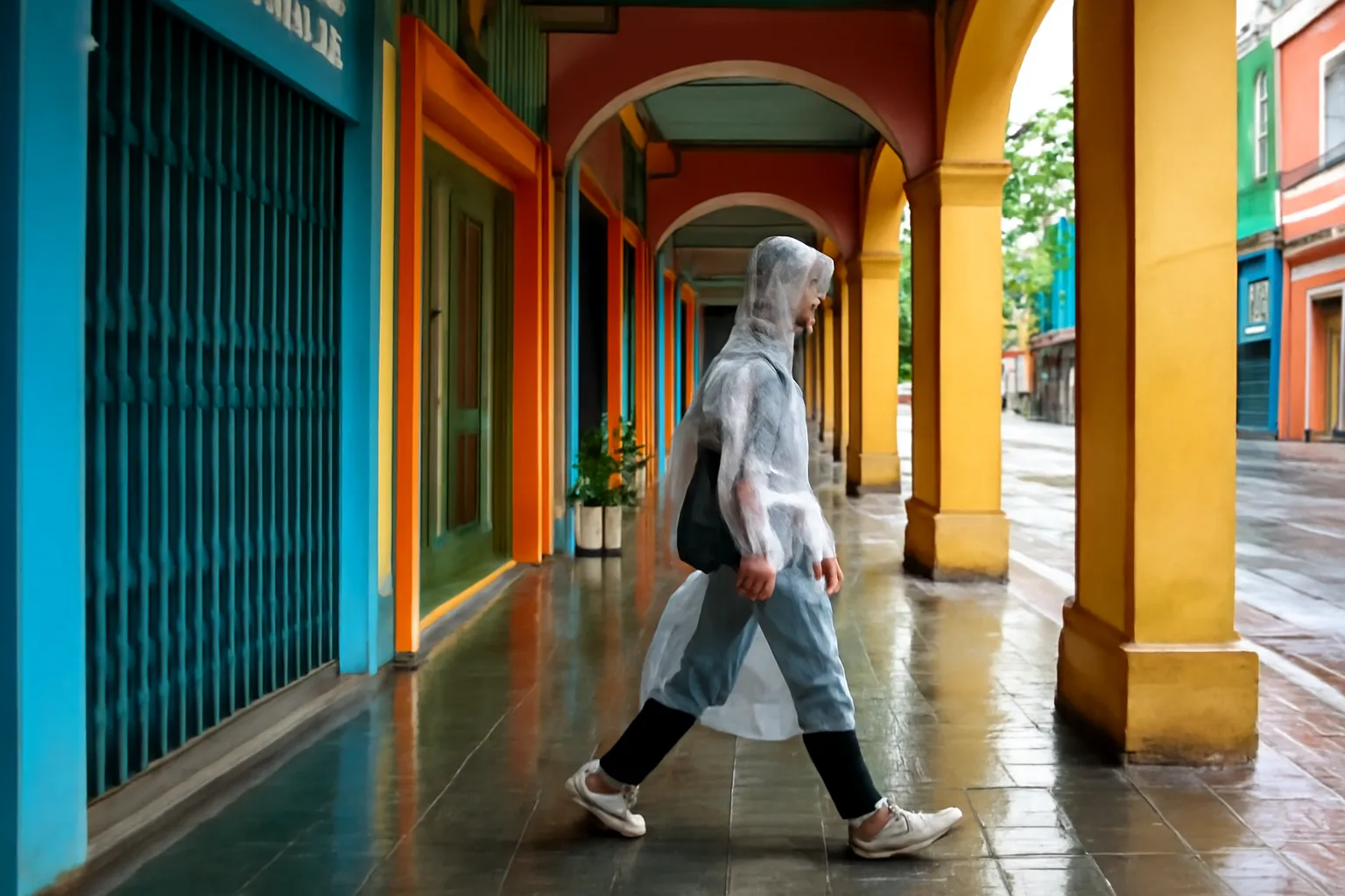 Người mặc áo mưa trong suốt đi dưới mái hiên phố sau cơn mưa