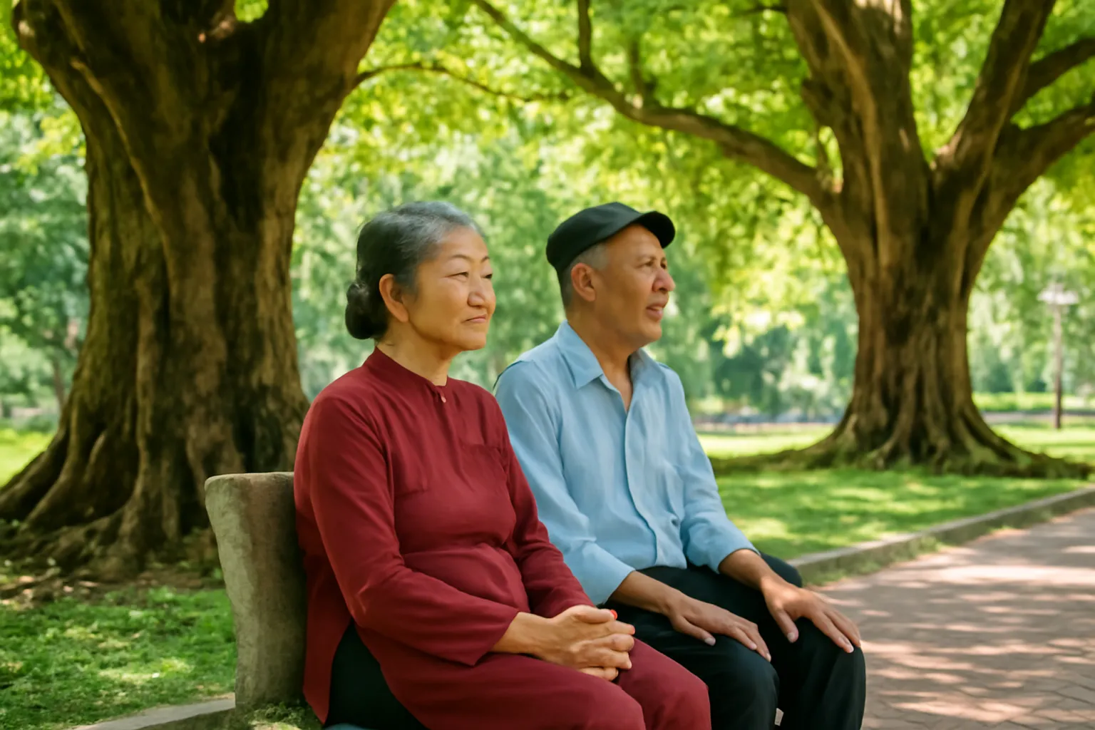 Hai ông bà ngồi nghỉ trên ghế đá dưới hàng cây lớn buổi sáng