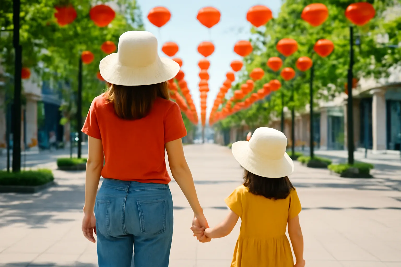 Hai bàn tay mẹ và bé gái nắm nhau trên vỉa hè có đèn lồng
