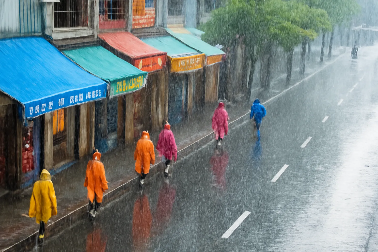 Người mặc áo mưa nhiều màu đi bộ dưới mái hiên trên đại lộ mưa rào