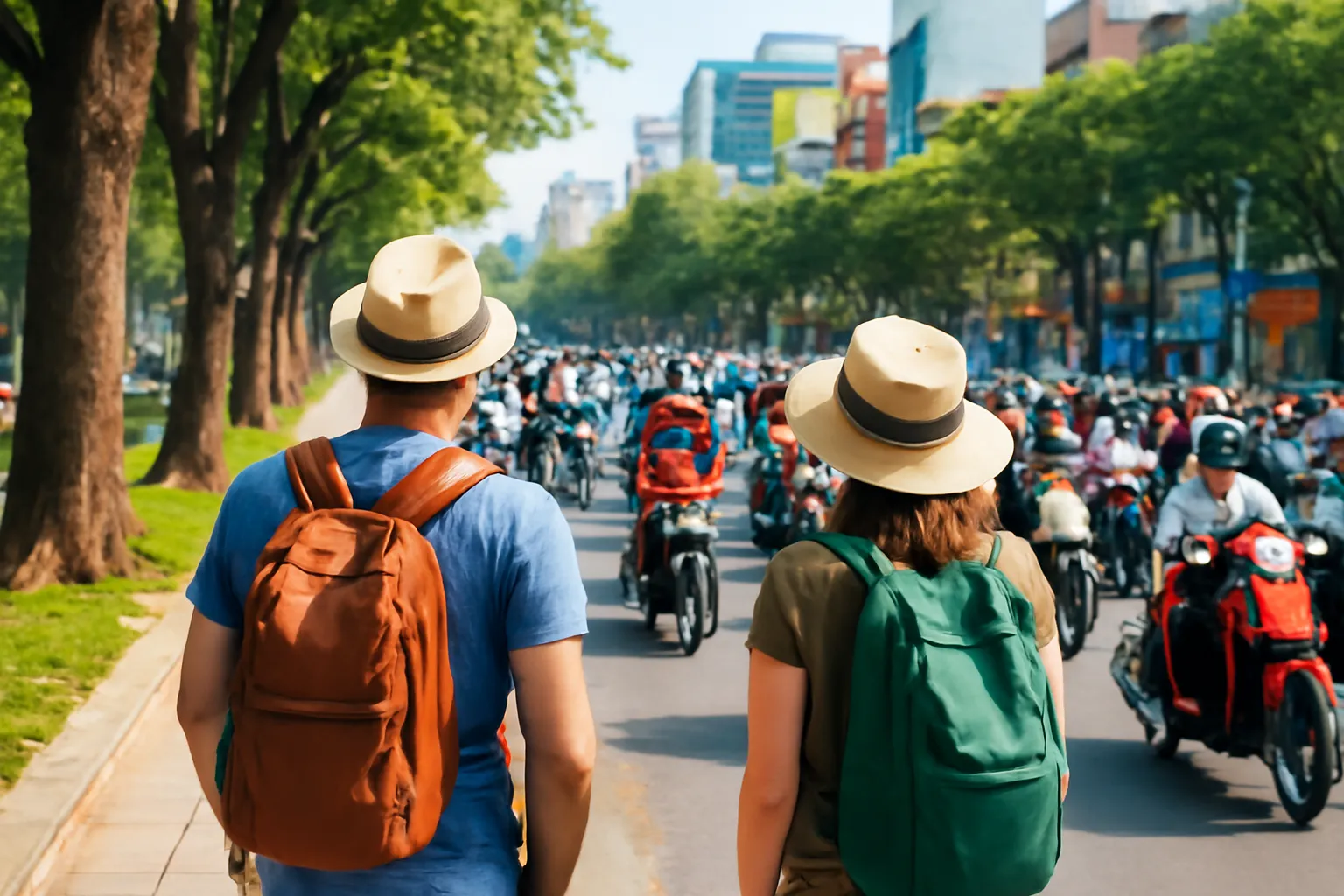 Hai du khách đứng mép vỉa hè dưới hàng cây nhìn dòng xe máy