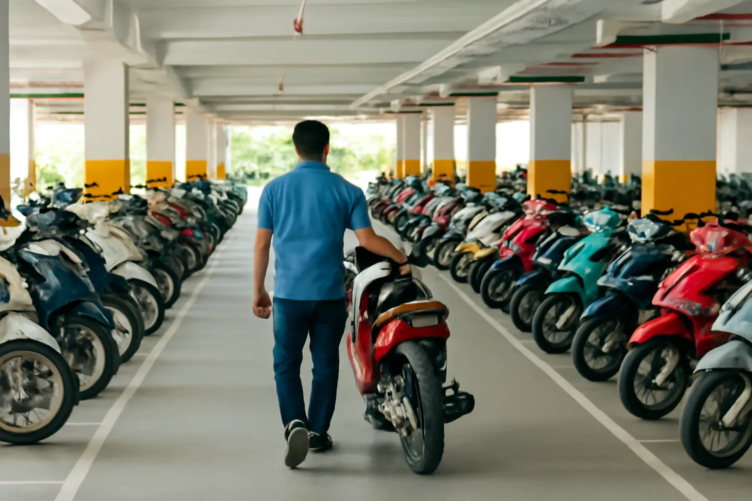 Người đàn ông dắt xe máy vào bãi giữ xe tầng hầm sáng đèn