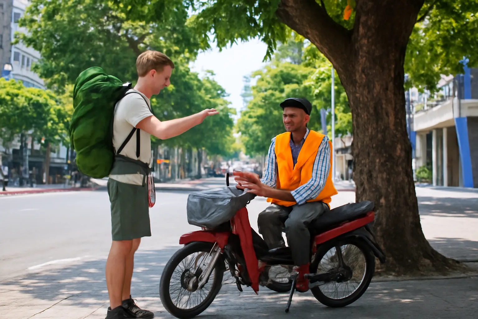Du khách hỏi đường bác xe ôm dưới bóng cây trên vỉa hè trung tâm