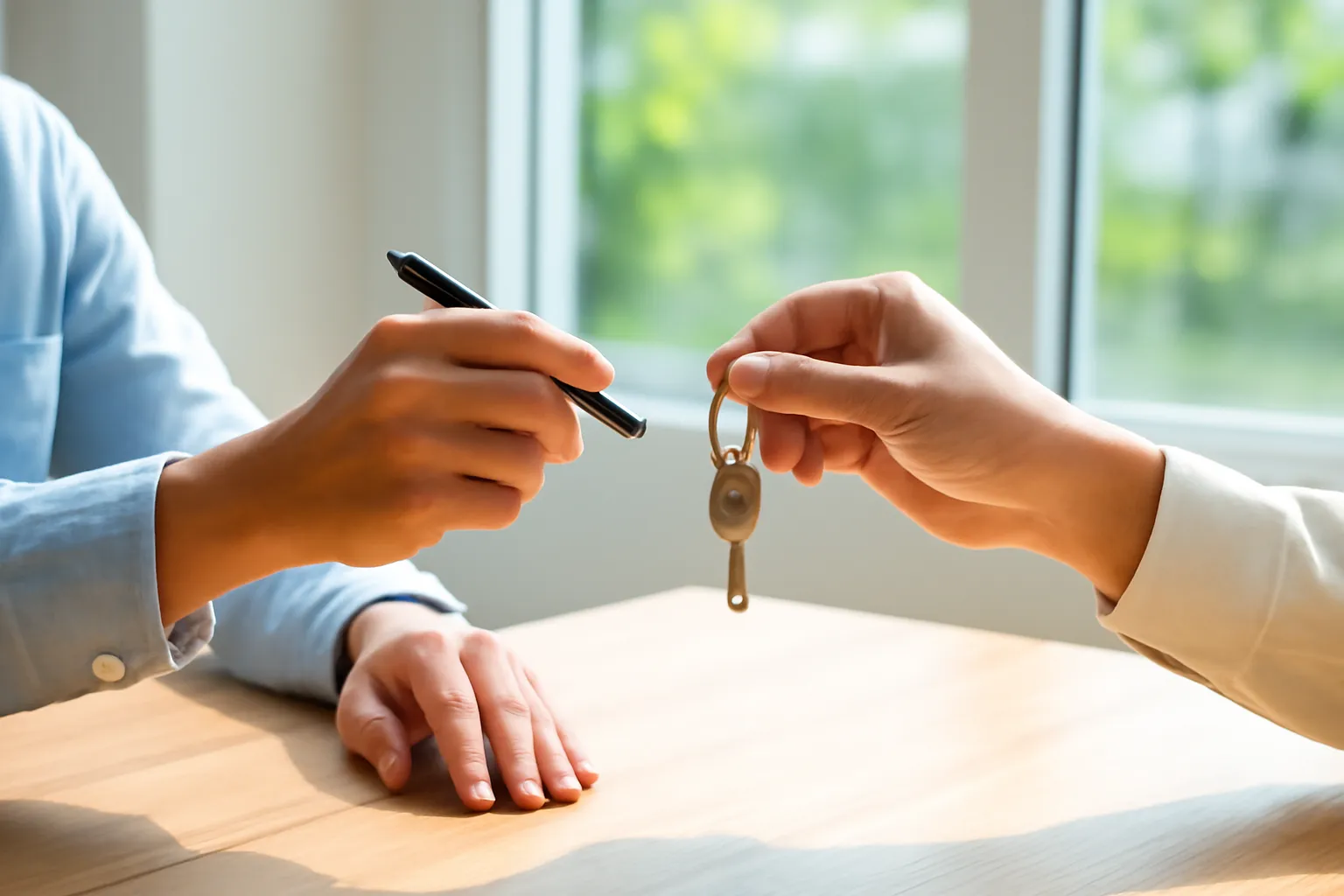 Hai người ngồi bàn gỗ cạnh cửa sổ, tay cầm bút và chùm chìa khoá