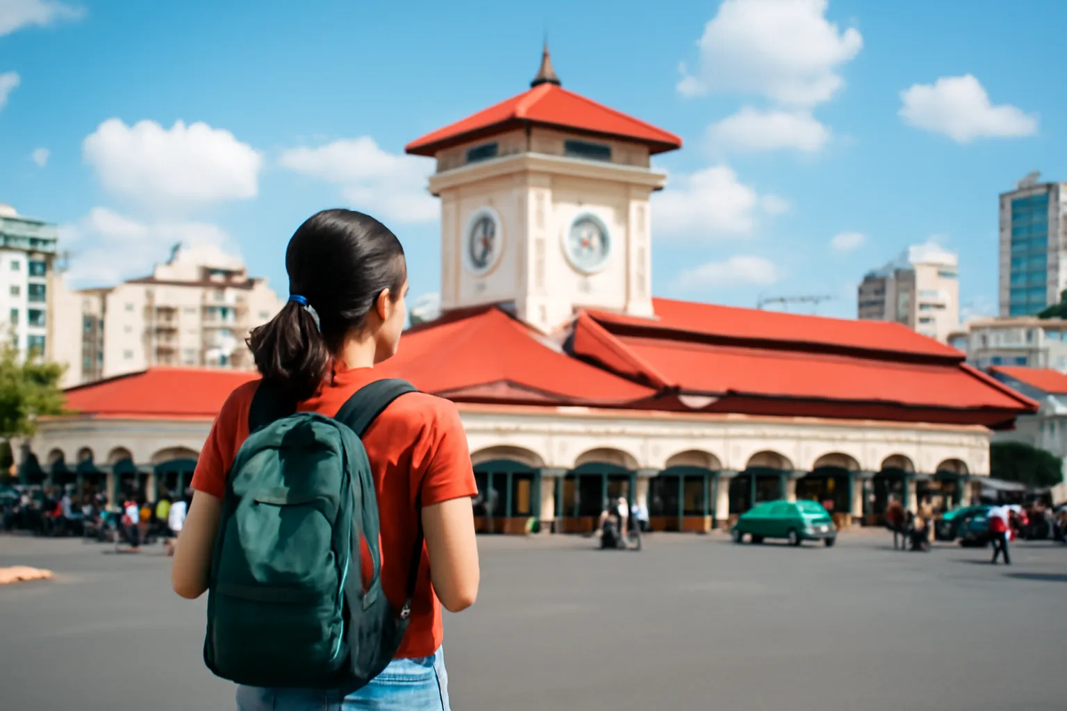 Cô gái đeo ba lô nhỏ đứng ở góc quảng trường nhìn tháp đồng hồ của chợ