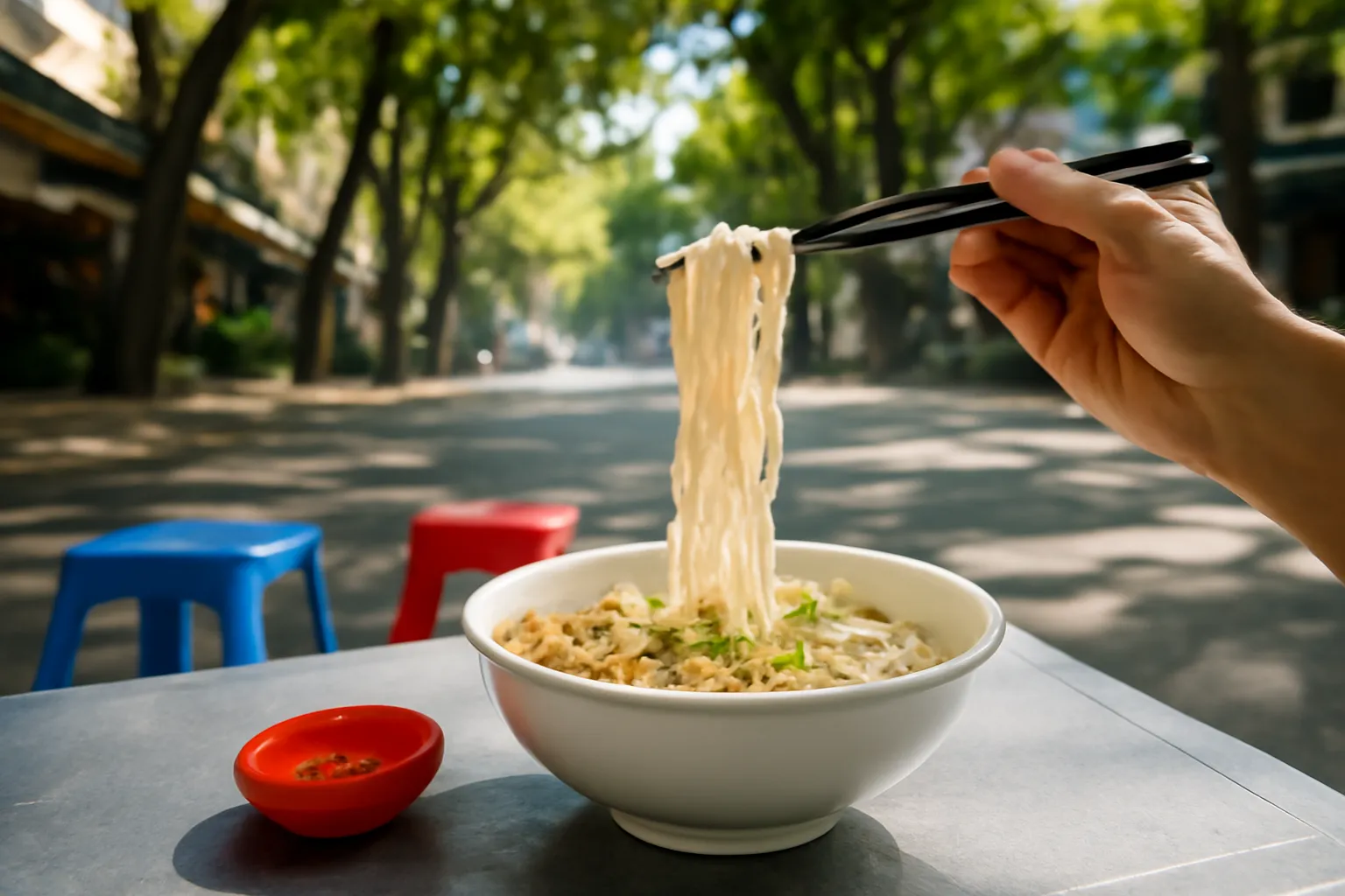 Bàn ăn sáng vỉa hè dưới tán cây, bàn tay gắp sợi mì từ tô nóng