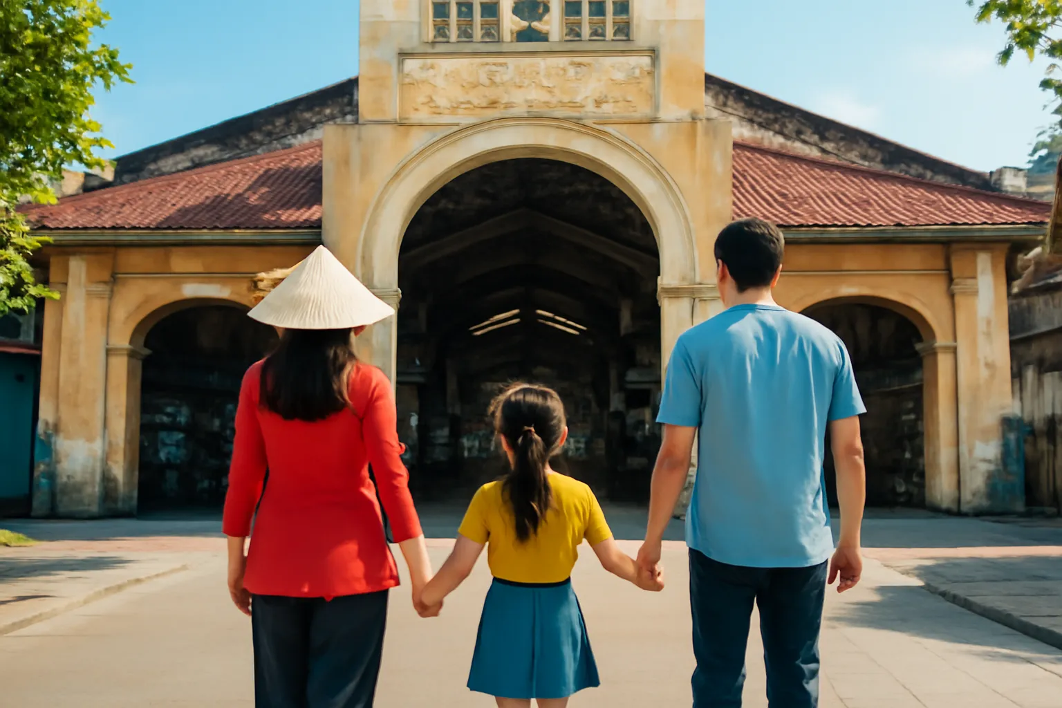 Gia đình ba người bước vào cửa chợ Bến Thành từ vỉa hè, nhìn từ phía sau