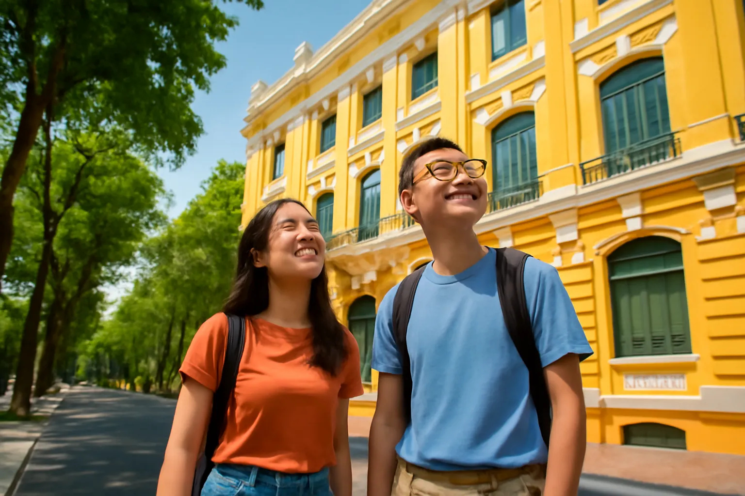 Hai bạn trẻ đi trên vỉa hè rộng ngước nhìn mặt tiền vàng kiểu Pháp