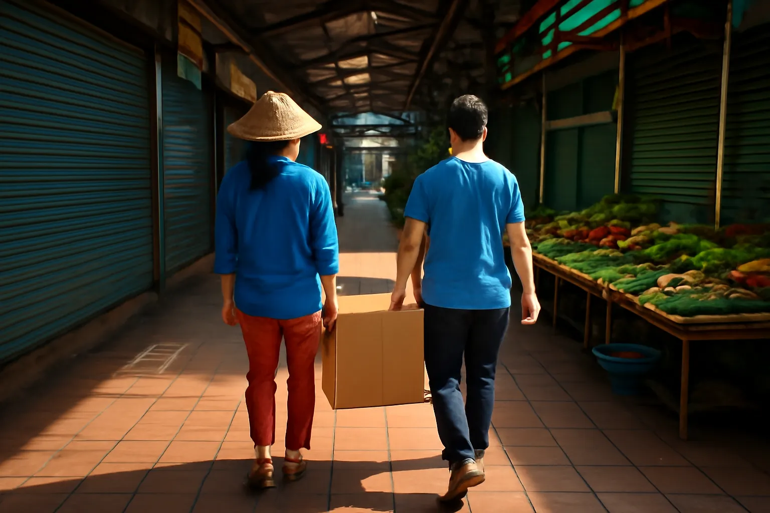 Hai người bán khiêng thùng hàng vào sạp lúc sáng sớm trong chợ