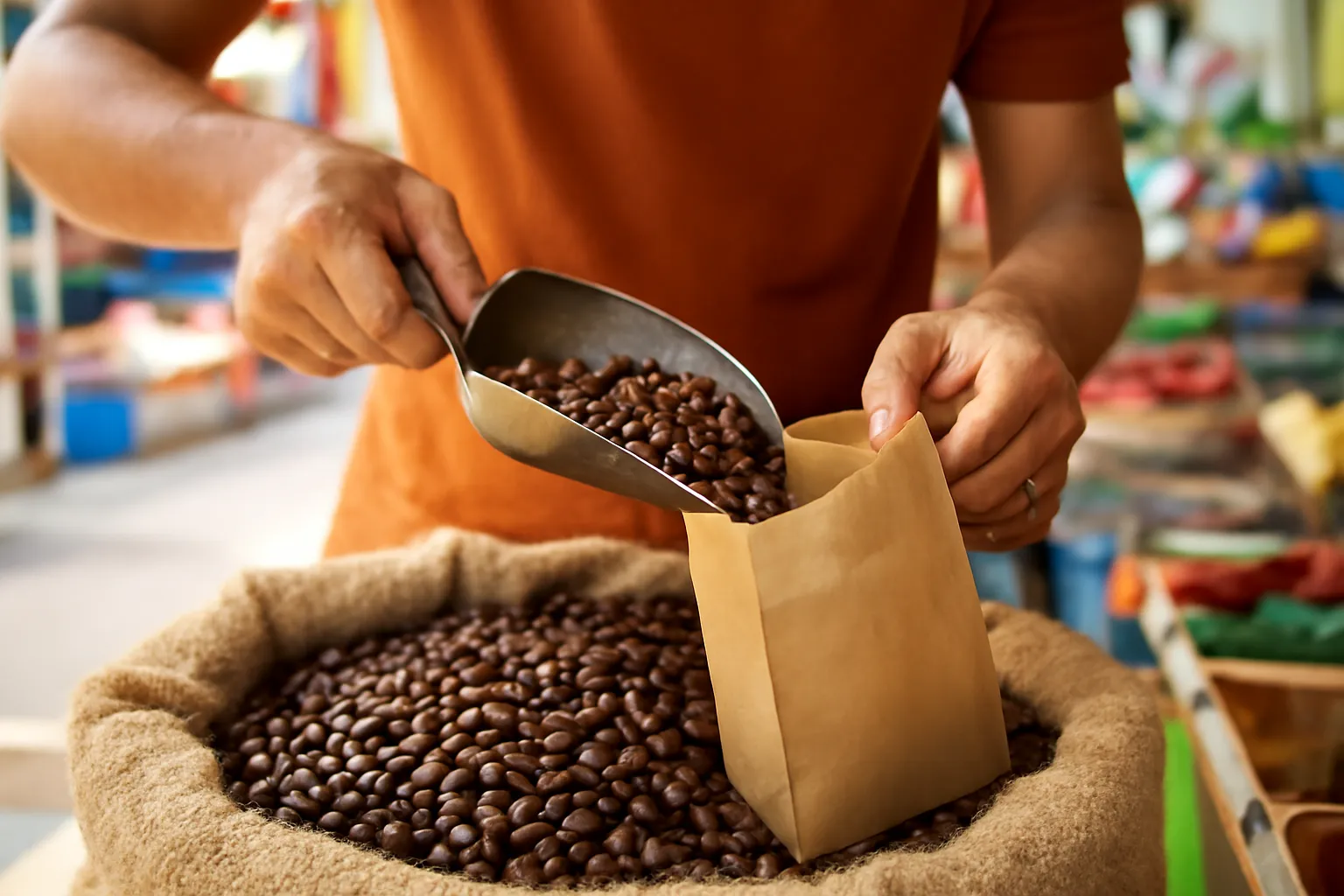 Bàn tay người bán xúc hạt cà phê rang từ bao vào túi giấy