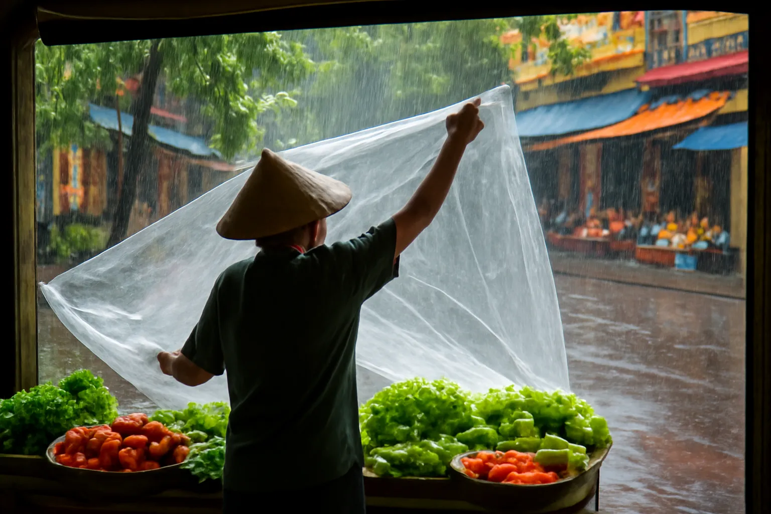 Người bán kéo bạt che hàng dưới mái hiên chợ lúc mưa chiều