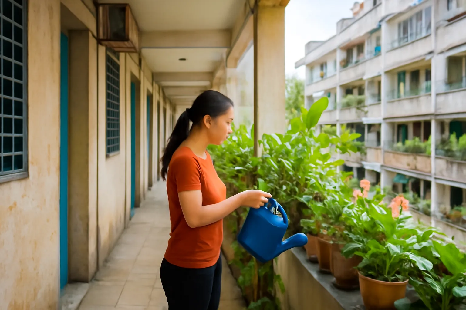 Hành lang chung cư cũ thoáng có chậu cây, người phụ nữ đang tưới cây