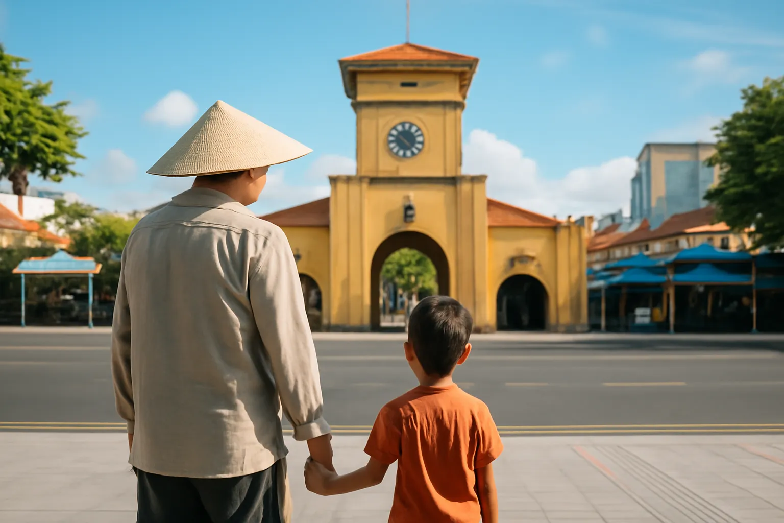 Hai ông cháu đứng bên kia đường nhìn tháp đồng hồ chợ Bến Thành