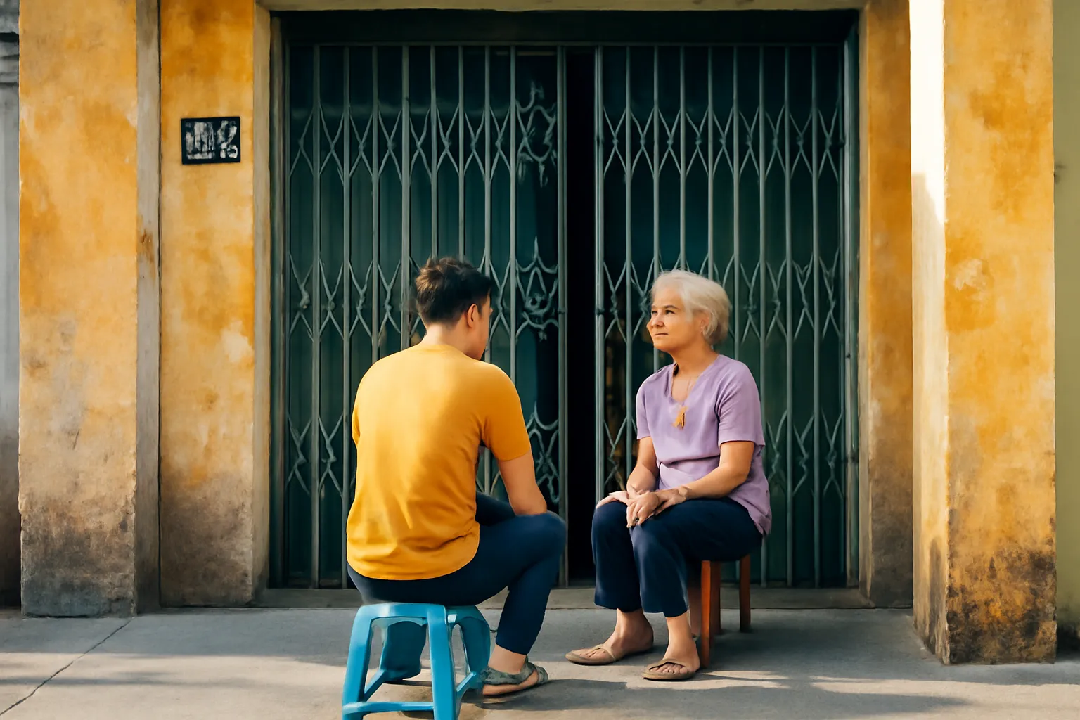 Người trẻ ngồi ghế đẩu nghe cụ bà kể chuyện trước cửa nhà phố cũ