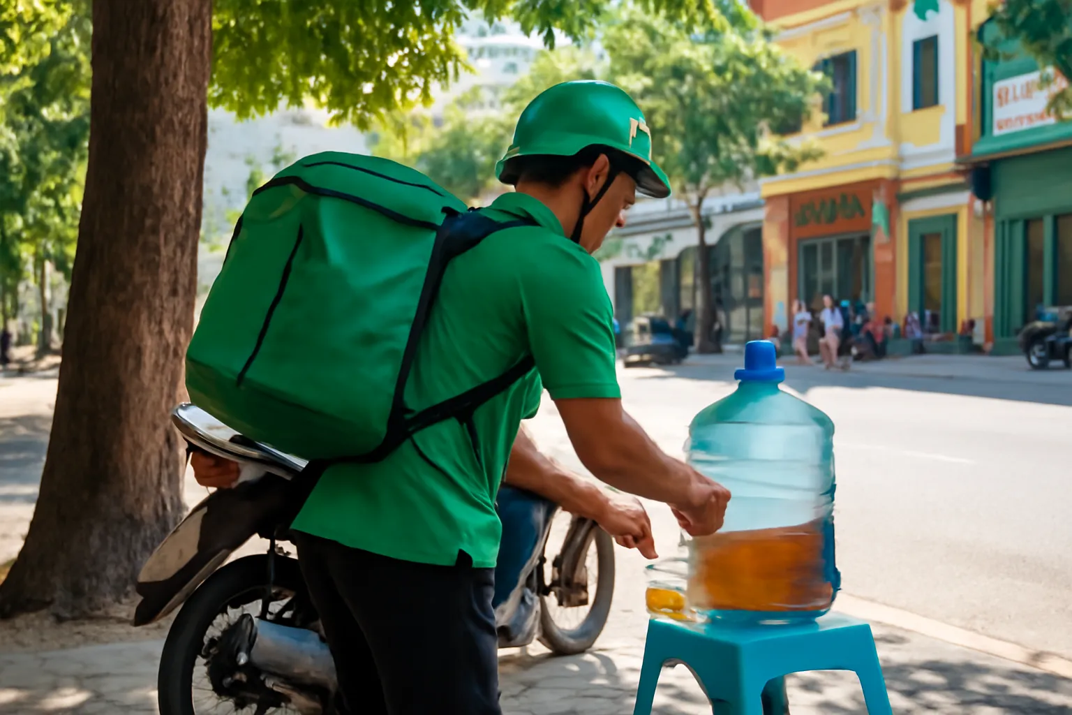 Bình trà đá đặt trên ghế nhựa dưới gốc cây, người chạy xe dừng lại rót nước