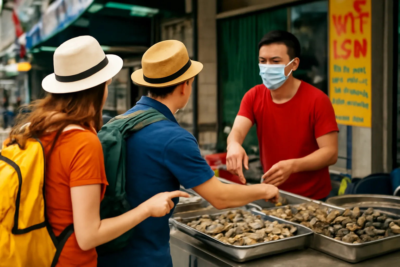 Hai du khách nhìn từ phía sau chỉ vào khay hải sản hỏi người bán ở quầy vỉa hè