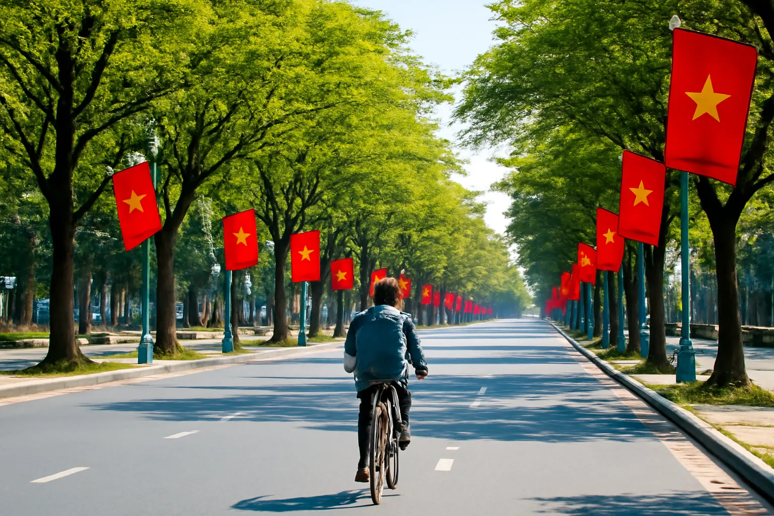 Đại lộ trung tâm gần như vắng xe sáng mùng một, một người đạp xe