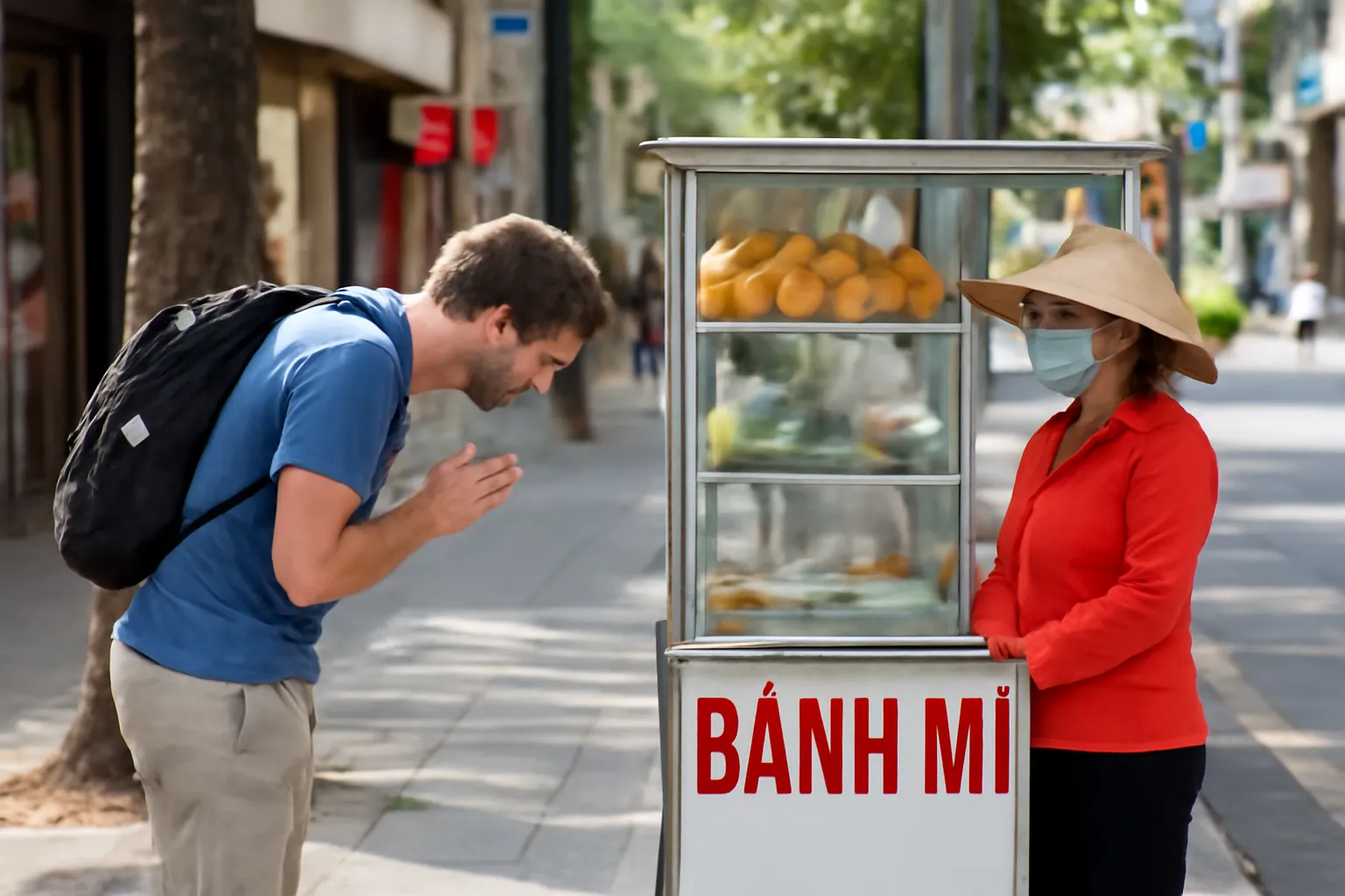 Du khách nước ngoài cúi chào cô bán hàng bên quầy bánh mì nhìn nghiêng