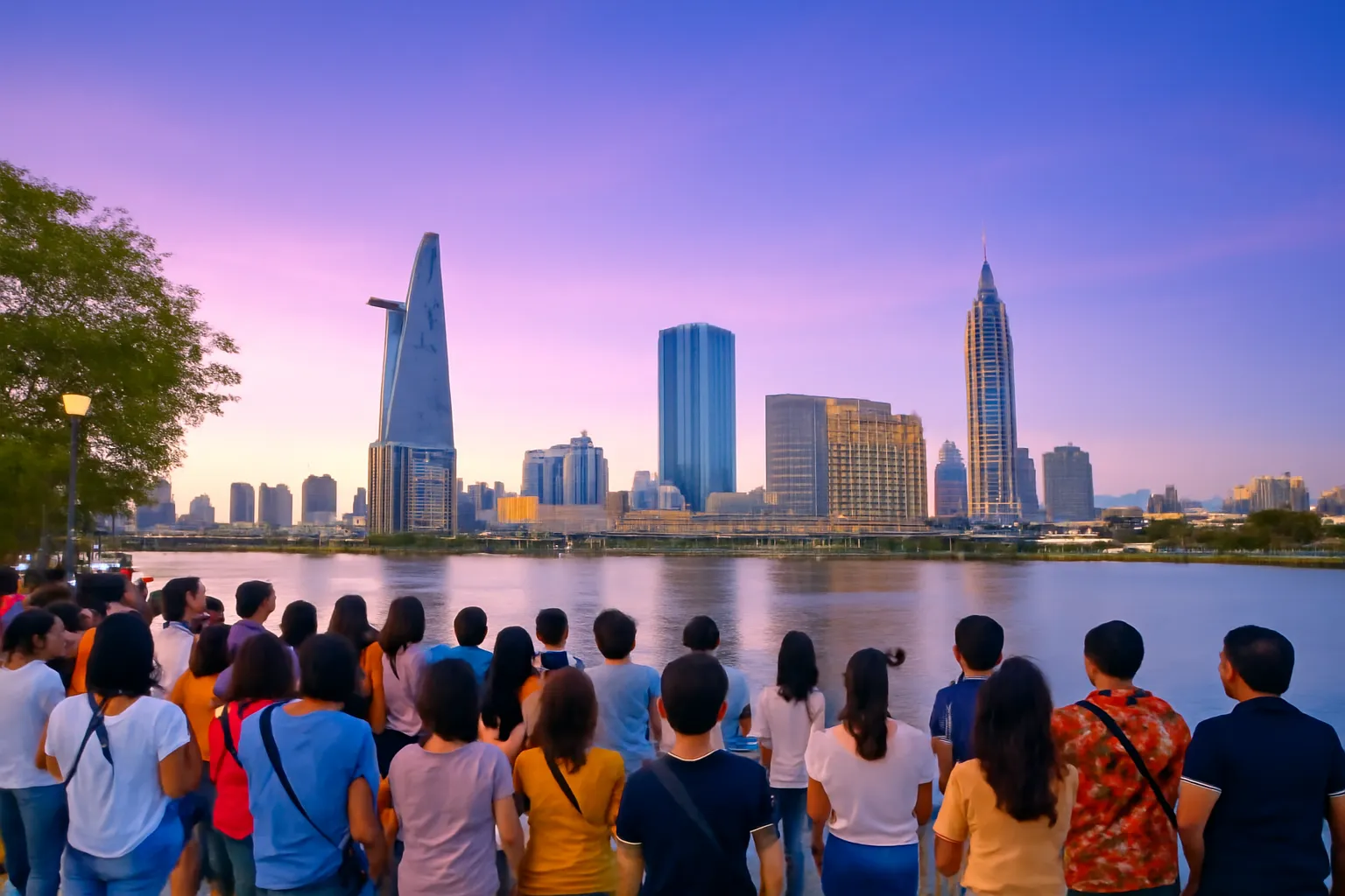 Đám đông bên bờ sông Sài Gòn ngước nhìn trời chạng vạng chờ pháo hoa